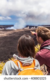 Hawaii Scene. Hiking People Looking At Hawaiian Volcano: Halemaumau Crater Within The Kilauea Volcano Caldera In Hawaii Volcanoes National Park On Big Island.