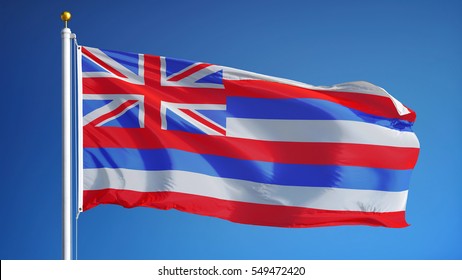 Hawaii (U.S. state) flag waving against clear blue sky, close up, isolated with clipping path mask alpha channel transparency, perfect for film, news, composition