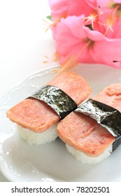 Hawaiian  Cuisine, Spam And Rice, Fusion Japanese Sushi And Onigiri