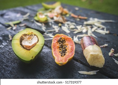 Hawaiian Fruit Introducing Avocado, Papaya And Sugar Cane. Maui, Hawaii, USA, Pacific Ocean.