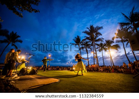 Hawaiian hula dance at Waikiki beach, Hawaii, USA