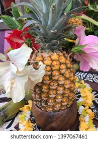 Hawaiian Pineapple With Hawaiian Lei And Hibiscus Flower