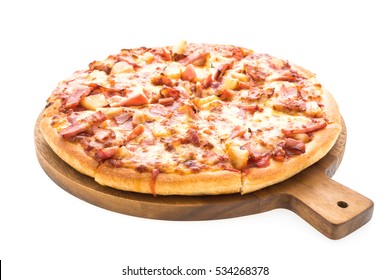 Hawaiian Pizza On Wooden Plate Isolated On White Background