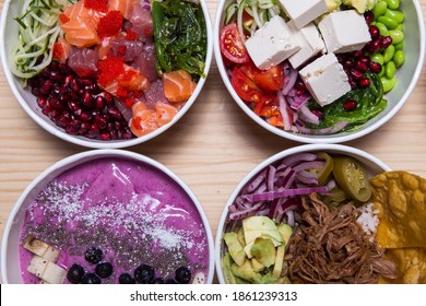 Hawaiian Salmon, Tuna And Shrimp Poke Bowls With Seaweed, Avocado, Mango, Pickled Ginger,queso Feta And Acai Bowl. Top View, Overhead, Flat Lay