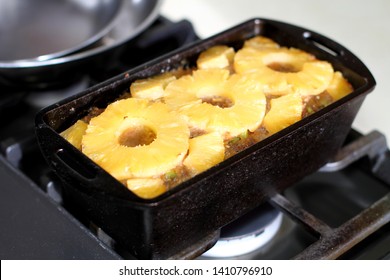 Hawaiian Style Meatloaf With Pineapple In A Cast Iron Loaf Pan.