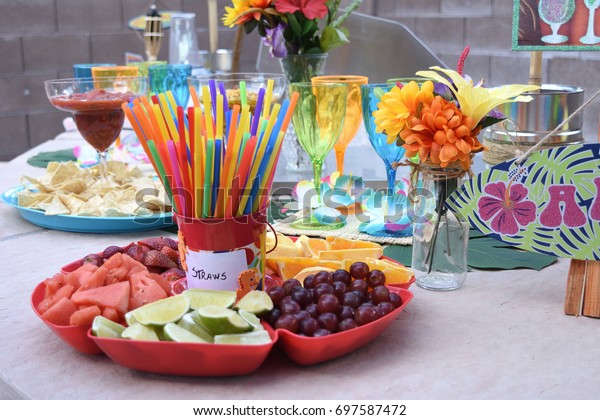 Hawaiian Tiki Bar Themed Birthday Party Stock Photo Edit Now