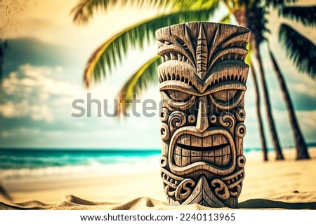 Hawaiian totem tiki mask made of wood on beach under palm tree