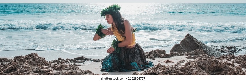 Hawaiian Woman Smiles Relaxed On A Paradise Beach. Exotic Beauty With Flower Crown On Her Head.