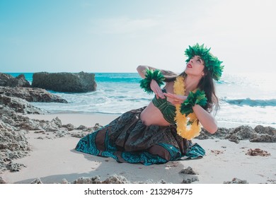 Hawaiian Woman Smiles Relaxed On A Paradise Beach. Exotic Beauty With Flower Crown On Her Head.