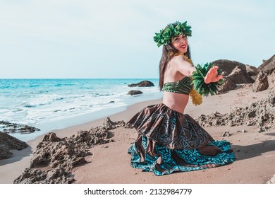 Hawaiian Woman Smiles Relaxed On A Paradise Beach. Exotic Beauty With Flower Crown On Her Head.