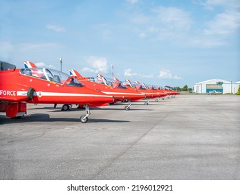 HAWARDEN, UK, 28TH AUGUST 2022: Red Arrows Jets Parked At Hawarden Airport