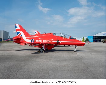 HAWARDEN, UK, 28TH AUGUST 2022: Red Arrows Jets Parked At Hawarden Airport