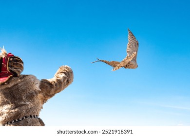 Hawk releasing a bird of prey into the sky, demonstrating traditional falconry in action against a clear blue backdrop - Powered by Shutterstock