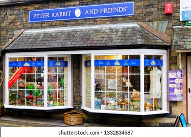 HAWKSHEAD, ENGLAND - MAY 2, 2018: Store Front With Peter Rabbit Book Character