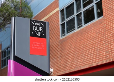 Hawthorn, Victoria, Australia - July 24 2022: Swinburne University Of Technology Sign, Outside A Brick Building At One Of The University's Melbourne Campuses