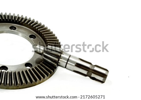 Hay baler spare part helical spiral bevel gear and pinion set, perspective view of hay baler spare part, isolated on white background