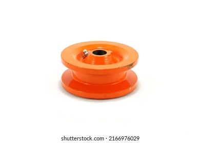 Hay Baler Spare Part Pickup Transmission Pulley, Perspective Rear View Of Hay Baler Spare Part, Isolated On White Background