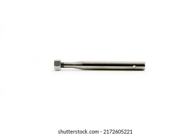 Hay baler spare part twine knotter worm gear shaft and nut, side view of hay baler spare part, isolated on white background