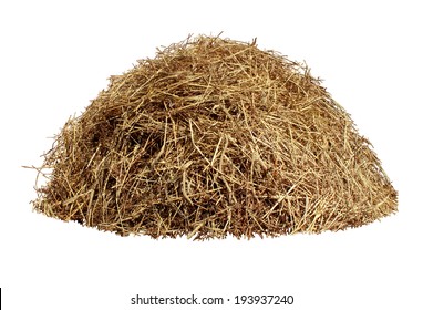 Hay pile isolated on a white background as an agriculture farm and farming symbol of harvest time with dried grass straw as a mountain of dried grass haystack.