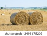 Hay round bale. Rural field with stacked hay round  bales. Rural landscape with blue sky background. Golden harvest of wheat. Yellow haystacks on agricultural field. Bale of hay on field, closeup view