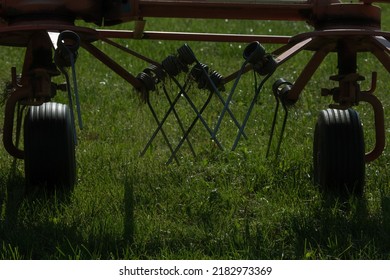 Hay Tedder Machine Closeup In Grass Agricultural Machine Farm