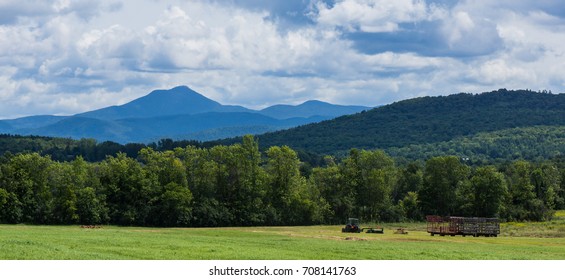 Haying The Fields  With View Of Camels Hump Mountain , Green Mountains Of Vermont
