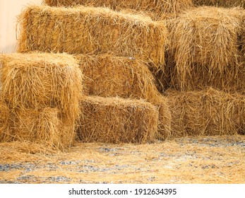 Haystack, a bale of hay group. Agriculture farm and farming symbol of harvest time with dry grass (hay),  hay pile of dried grass hay straw.
				