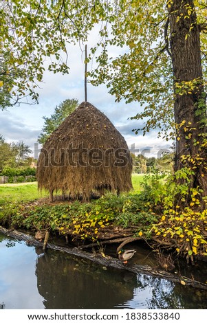 Haystack on a meadow close to the water, typical in spree forest region, Germany, autumnal colors. Vertical stock photo.