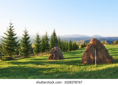 Haystack On Sunset. Meadow, Piece Of Grassland, Especially One Used For Hay. Carpathian Mountains, Ukraine.