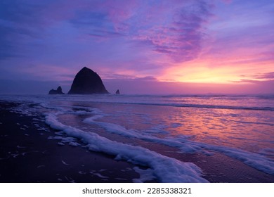 Haystack Rock during sunset in Cannon Beach, OR