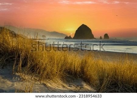 Haystack rock and the needles with beach grass in foreground on the Oregon coast at Cannon Beach