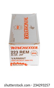 Hayward, CA - November 26, 2014: Box Of Winchester Brand .223 Remington 45 Gr Jacketed Hollow Point Varmint Ammunition