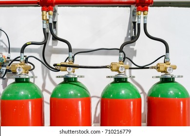 Hazard fire suppression system of a gas fire extinguishing. a closeup of the fire extinguishing system in an office building - Shutterstock ID 710216779