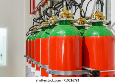 Hazard fire suppression system of a gas fire extinguishing. a closeup of the fire extinguishing system in an office building - Shutterstock ID 710216791