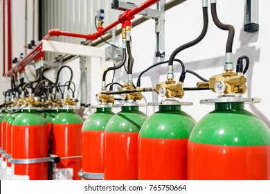 Hazard fire suppression system of a gas fire extinguishing. a closeup of the fire extinguishing system in an office building - Shutterstock ID 765750664
