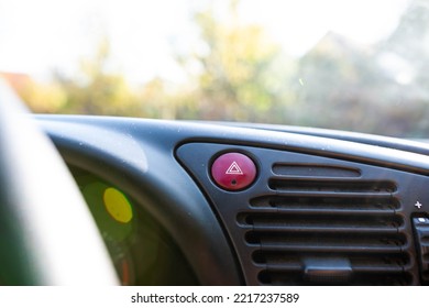 Hazard Lights Button In Focus On Old Car, Shallow Depth Of Field, Space For Text.