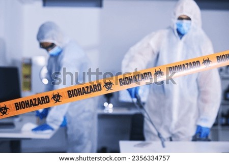 Hazard, tape and people in danger working with toxic, biology or team disinfect dangerous bacteria or health emergency. Biohazard, protection and medical staff in hazmat suit cleaning for bio safety