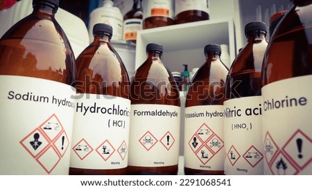 Hazardous chemicals and symbols on containers, chemical in industry or laboratory 