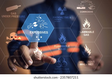 Hazardous substance concept safety officer pointing on explosives icon dangerous goods group store in warehouse create warning sign for different chemical to separate storage area for cargo shipping