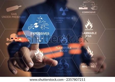 Hazardous substance concept safety officer pointing on explosives icon dangerous goods group store in warehouse create warning sign for different chemical to separate storage area for cargo shipping