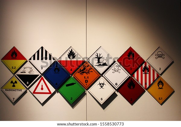 Hazardous symbols. Transportation of dangerous\
goods symbols and signs and logos. A collection of signs for\
transporting dangerous\
goods.
