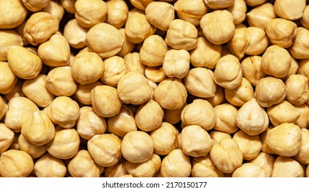 Hazelnut Peeled Kernels In Light Shades. Close-up, Texture