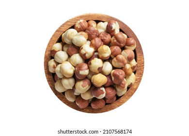 Hazelnut Peeled Roasted In Wooden Bowl Isolated On White. Healthy Food, Top View.