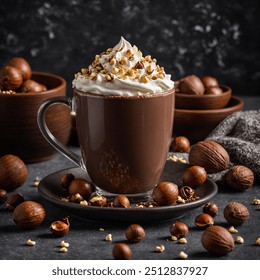 A hazelnut-flavored hot chocolate topped with whipped cream and crushed hazelnuts. The drink is served in a stylish mug with a few hazelnuts scattered around, creating a nutty and rich experience. - Powered by Shutterstock