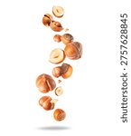 Hazelnuts with shells and kernels close-up isolated on a white background