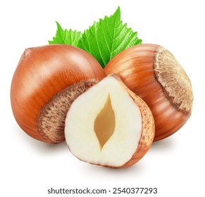 Hazelnuts, split of hazelnut kernel and green leaves on white background. Clipping path.