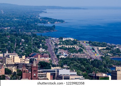 Hazy aerial view of Duluth Minnesota harbor on a sunny summer day