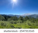 Hazy cascade mountains on a bluebird daying hiking yellow aster butte trail in Washington State