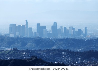 Hazy skyline view of downtown Los Angeles.  Photo taken from Mt Lukens in the Angeles National Forest.