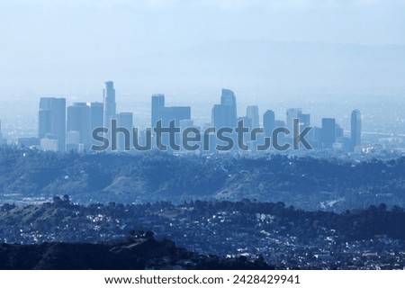 Hazy skyline view of downtown Los Angeles.  Photo taken from Mt Lukens in the Angeles National Forest.